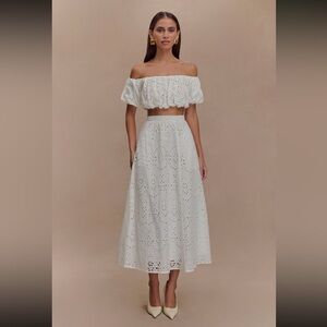 MATCHING SET: Arla Broderie Midi Skirt & Autumn Off Shoulder Top - White